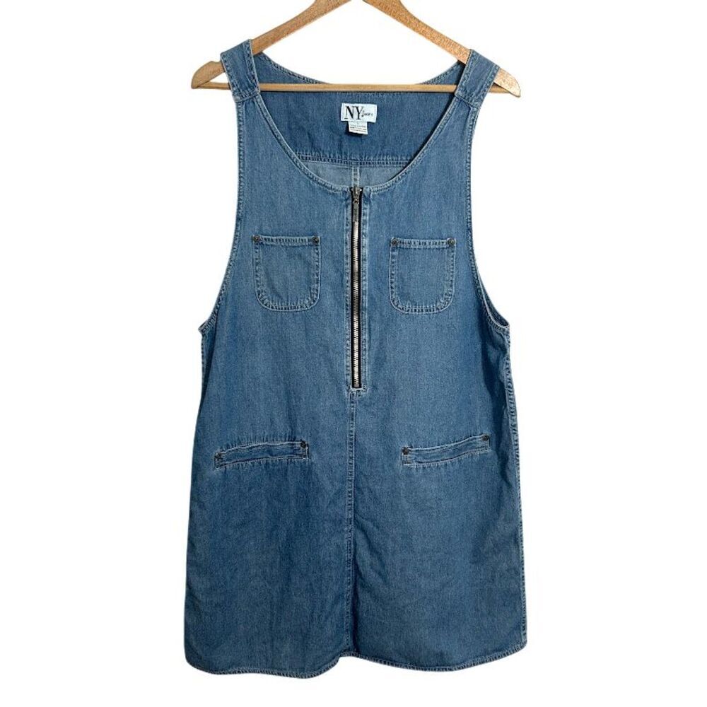 90s Y2K Denim Jumper Dress L Blue Zipper Knee Length NY Jeans Grunge Pinafore